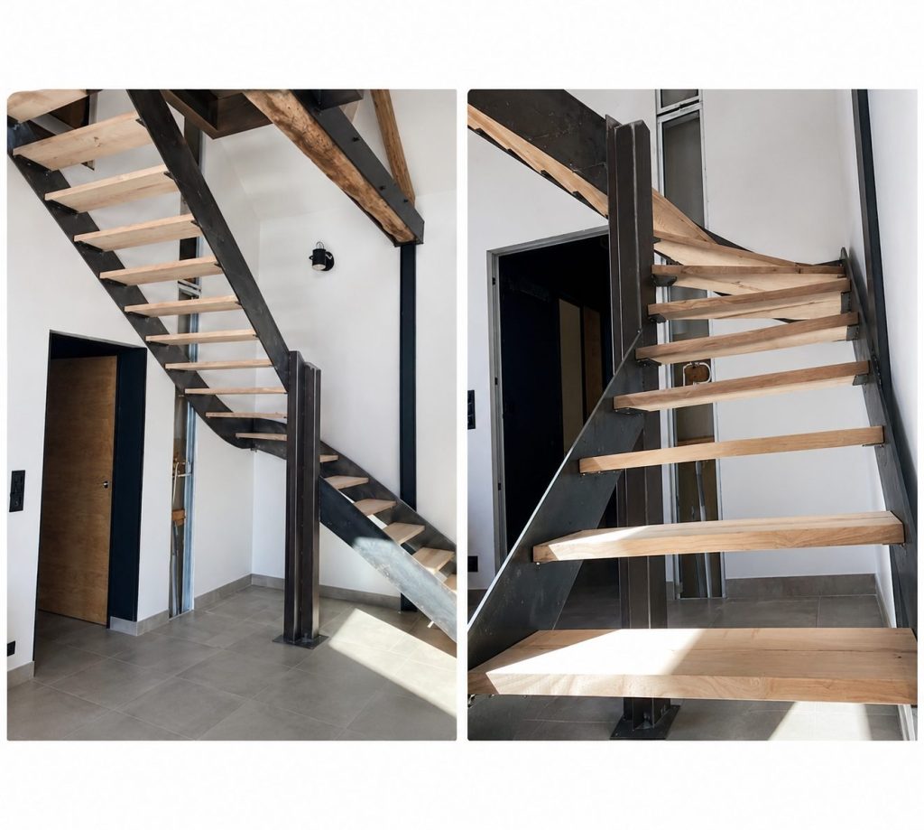 Escalier en acier brut avec des marche en chênes massif par Metalbdesign