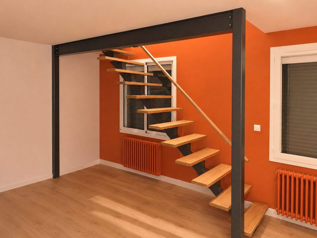Escalier limon central et marches en chênes massif réalisé par Métal B Design
